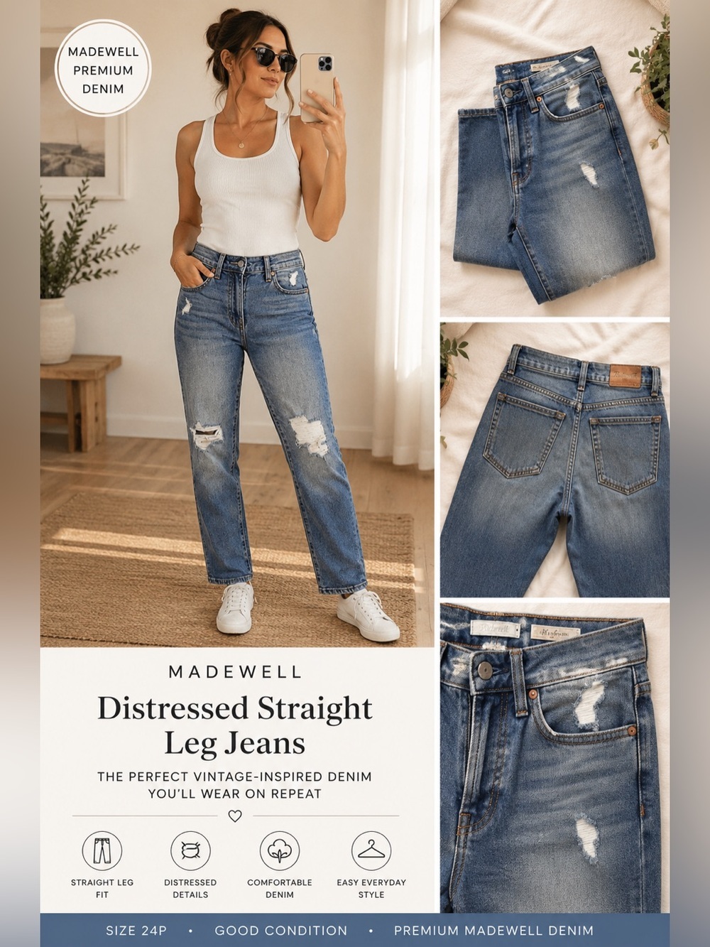 Madewell High Rise Distressed Straight Leg Perfect Vintage Jeans 24 Petite